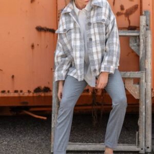 Oversized Boucle Check Jacket with Patch Pockets and Wide Sleeves