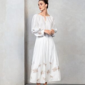 Pleated Skirt with Embroidered Hem and Elastic Waistband