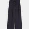 Relaxed Wide Fit Pants with Elastic Waist and Pleats