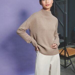 Tubular High Neck Cashmere Sweater with Ribbed Hem and Sleeves