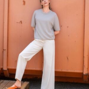 Short Sleeve Cashmere Sweater with Boxy Fit and Rib Neckline