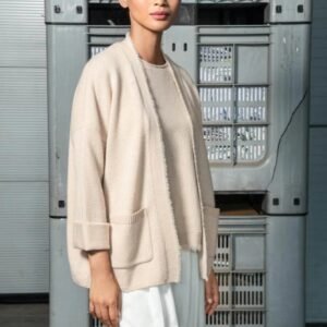 Fringe Cashmere Cardigan with Rib Pockets and Turn-Up Sleeves