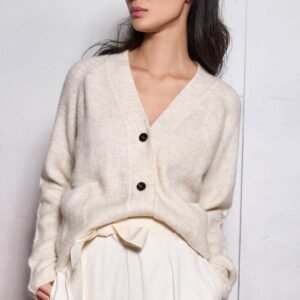 Short V Neck Knit Cardigan with Raglan Sleeves and Pockets