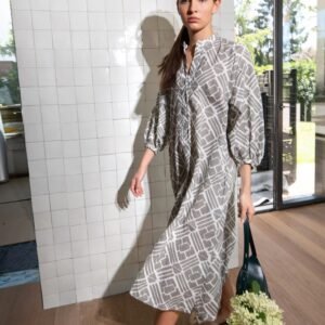 Geo Print Maxi Dress with Stand Collar and Balloon Sleeves