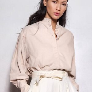 Cord Blouse with Pleated Sleeves and Stand Collar