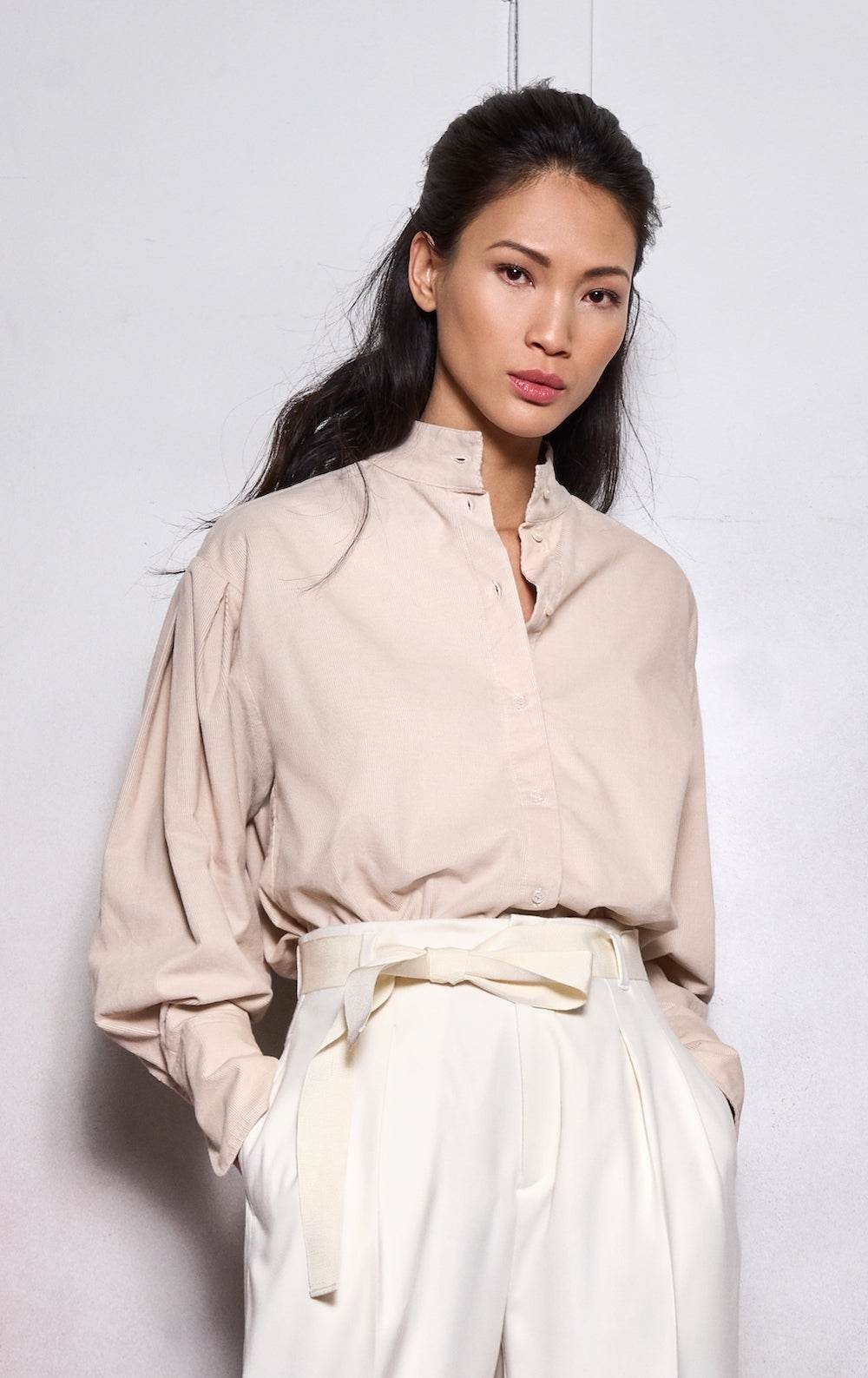 Cord Blouse with Pleated Sleeves and Stand Collar