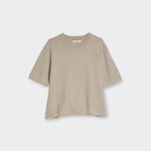Short Sleeve Cashmere Sweater with Boxy Fit and Rib Neckline