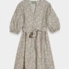 Printed Poplin A Line Dress with Gathered Sleeves and Belt