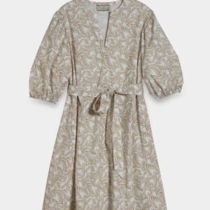 Printed Poplin A Line Dress with Gathered Sleeves and Belt