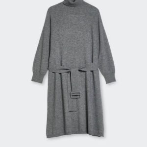 Wool Cashmere Midi Dress with Belt and Turtle Neck