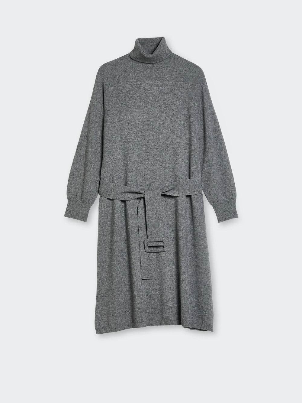 Wool Cashmere Midi Dress with Belt and Turtle Neck