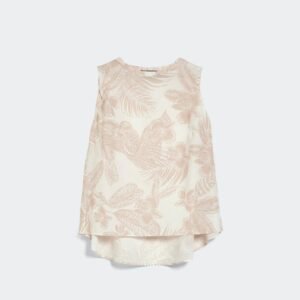 Printed A Line Top with Round Neck Pleated Shoulder Cotton Seersucker