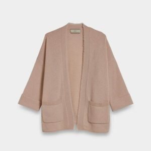Fringe Cashmere Cardigan with Rib Pockets and Turn-Up Sleeves