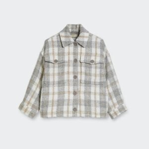 Oversized Boucle Check Jacket with Patch Pockets and Wide Sleeves