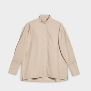 Cord Blouse with Pleated Sleeves and Stand Collar