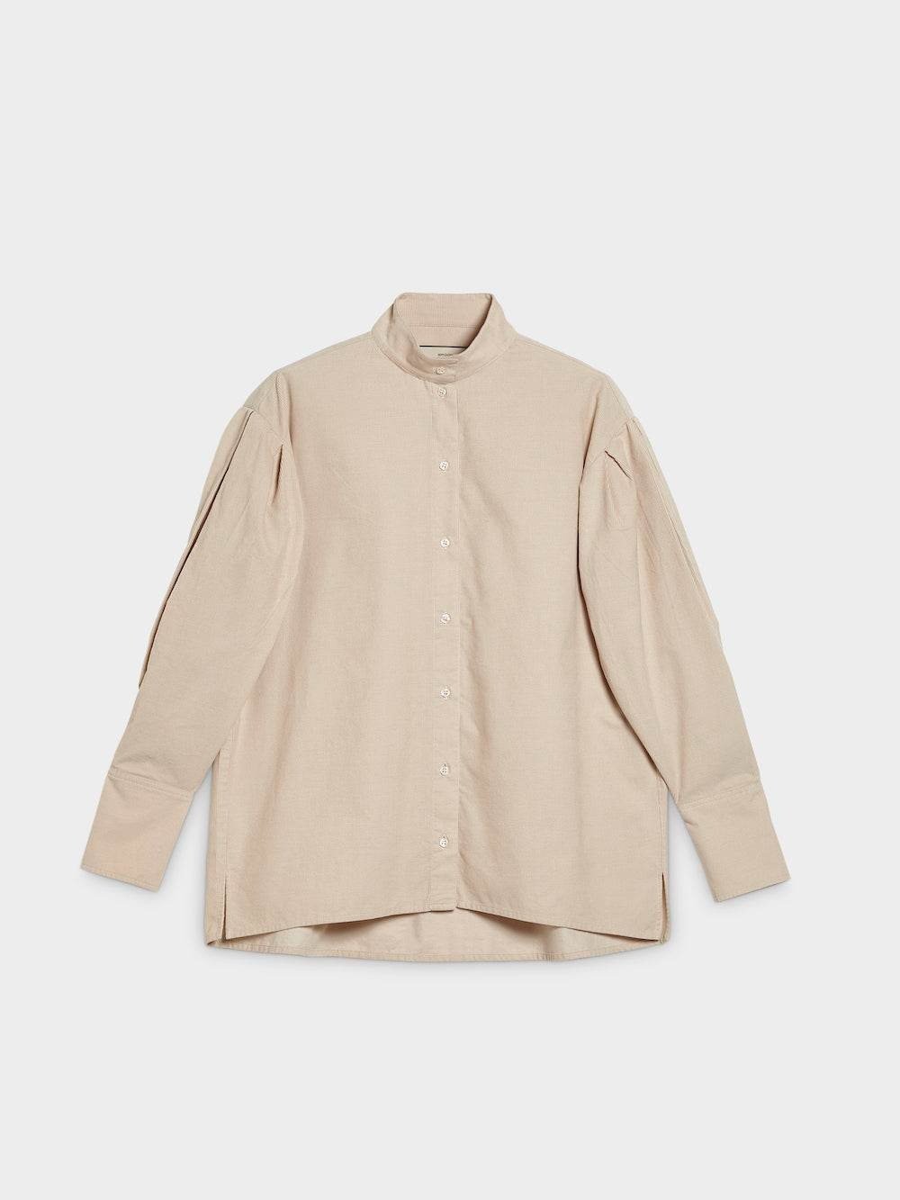 Cord Blouse with Pleated Sleeves and Stand Collar